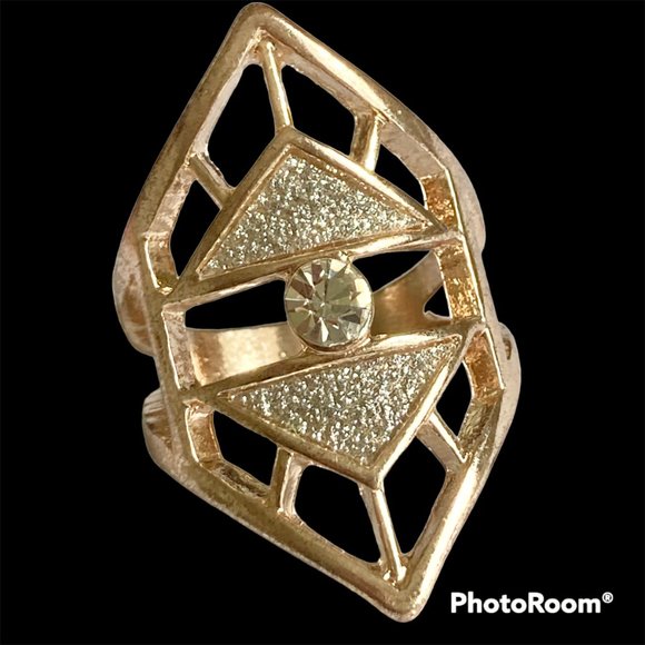 Rose Gold Cubic Zirconia Cocktail Ring Boho Art Deco Size 7 Plated Statement - Picture 3 of 12